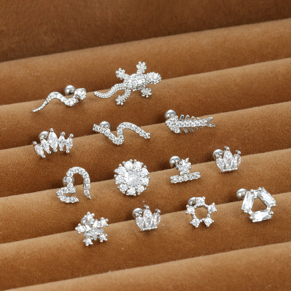 Stainless Steel Thin Rod Ear Micro Inlaid Zircon Stud Earrings
