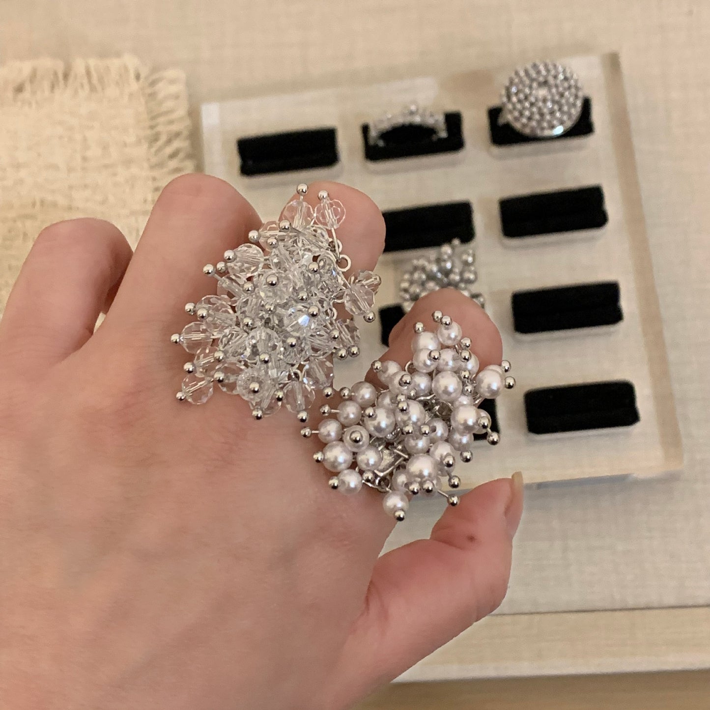 Women's Light Luxury Handmade Woven Crystal Tassel Exaggerated Sier Water Ring