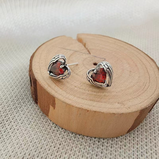 Sier Needle Red Loving Heart Zircon Ear Bone Female Earrings