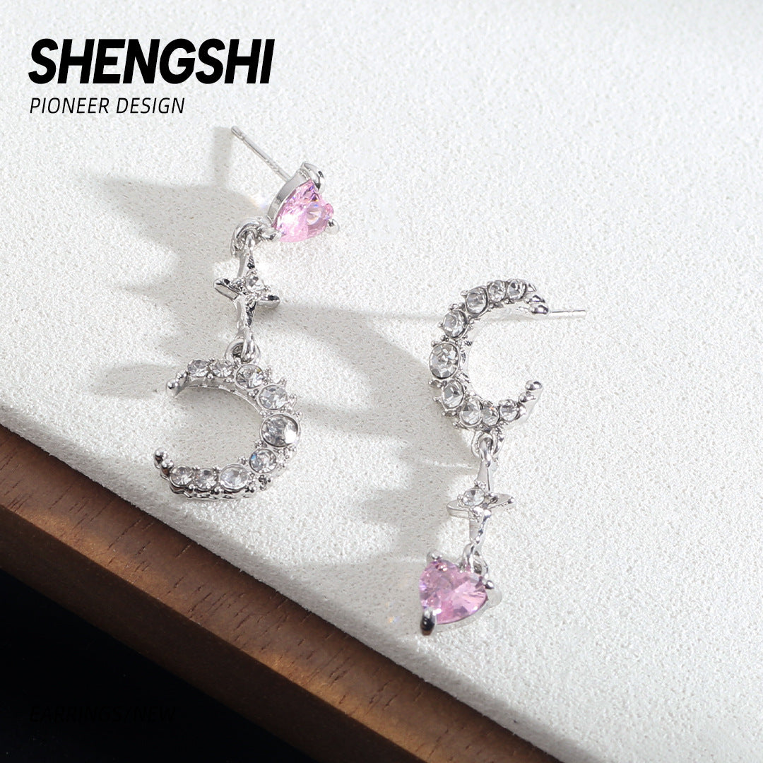 Women's Niche Asymmetric Pink Diamond Love Star Earrings