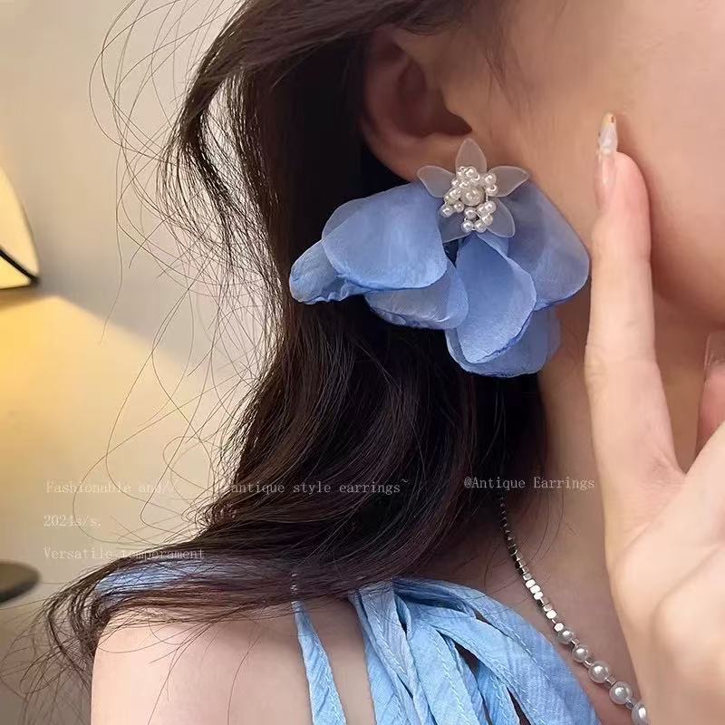 Fresh Blue Fabric Flower Elegant Sweet Rings
