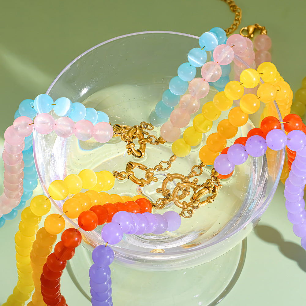 Women's Fresh Rainbow Cat Eye Glass Gold-plated Stainless Steel Summer Dopamine Necklaces