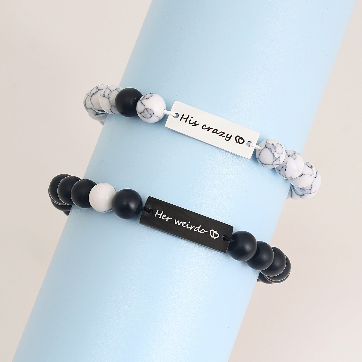 Women's & Men's Stainless Steel Lettering White-barked Pine Black Frosted Bracelets