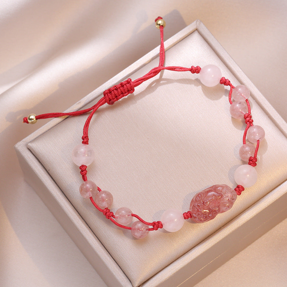 Women's Powder Woven Hand Strap Pink Crystal Bracelets