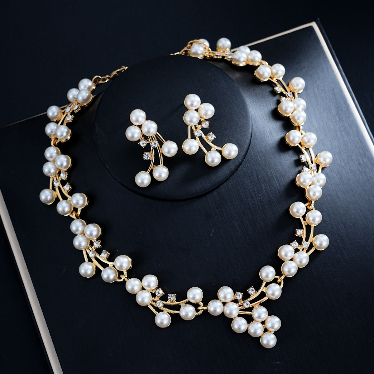 Women's Bridal Wedding Two-piece Dress Rhinestone Pearl Jewelry Set