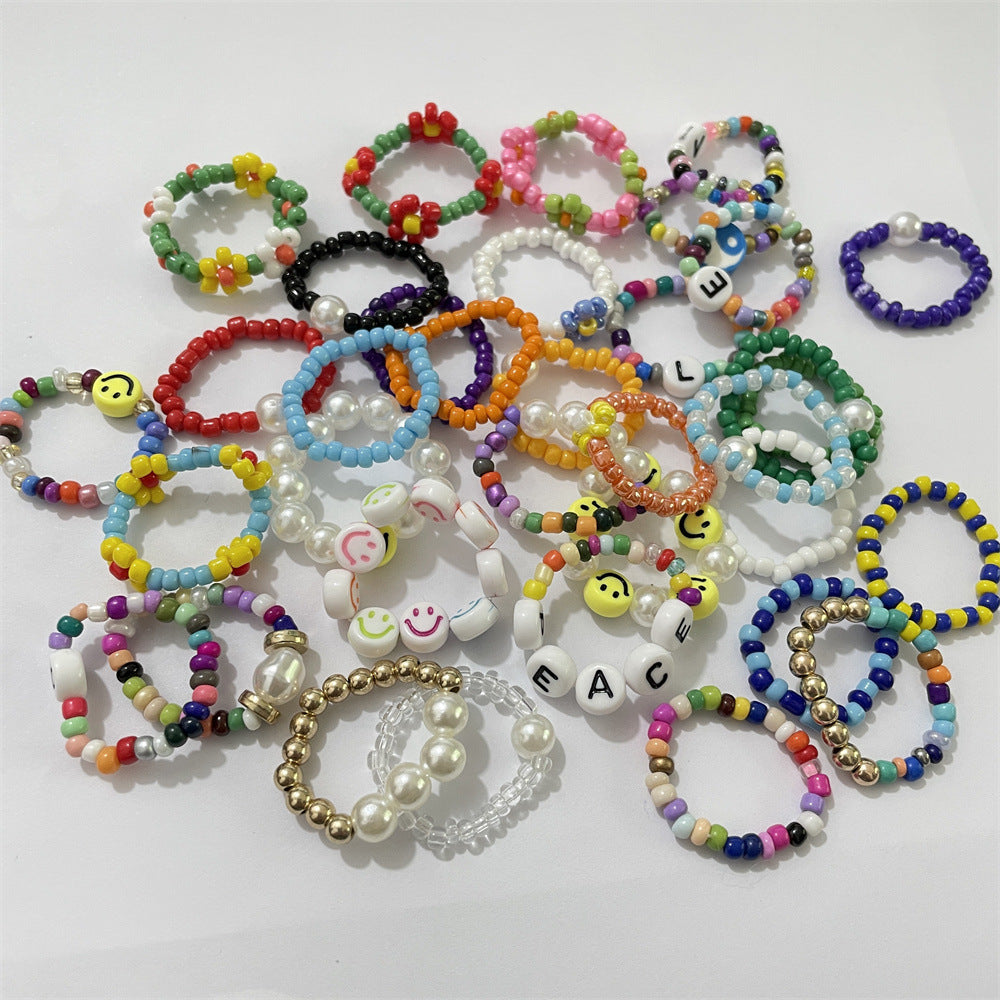 Bead Flower Colorful Woven Small Index Finger Female Rings