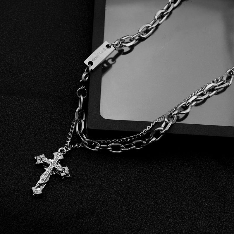 Personality Trendy Diamond Cross Pendant Titanium Steel Hip Hop Necklaces