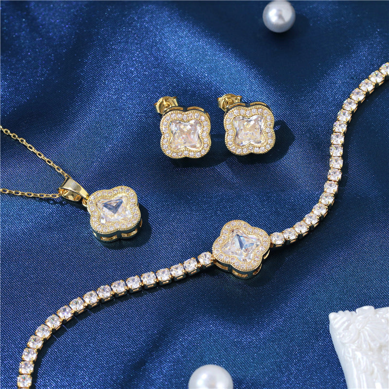 Zircon Color Crystal Suit Petals Three-piece Jewelry Set