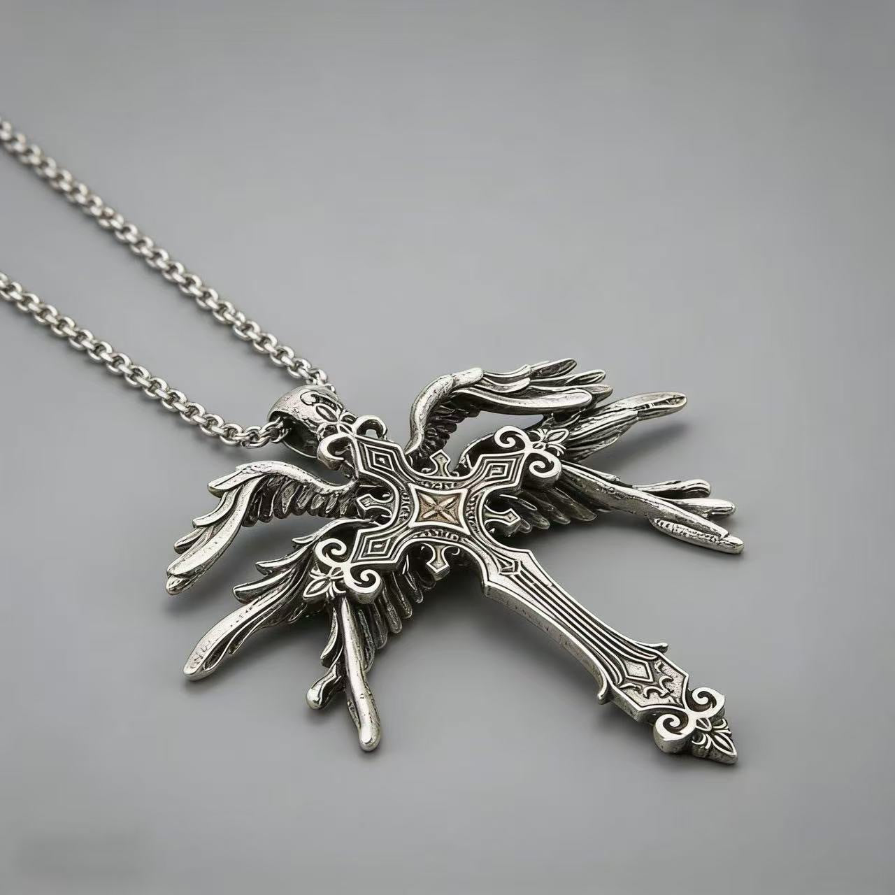 Women's & Men's Retro Dark Angel Wings Cross Trendy Personalized Sweater Necklaces