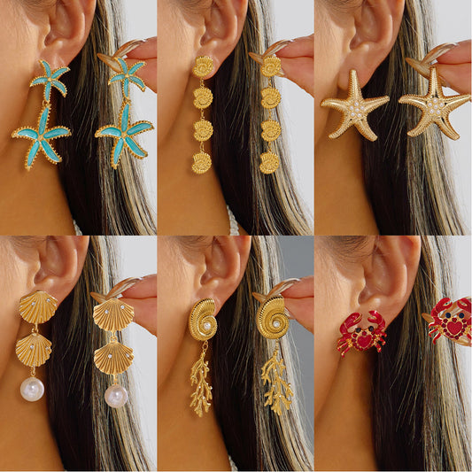 Ocean Style Starfish Scallop Conch Pearl Earrings