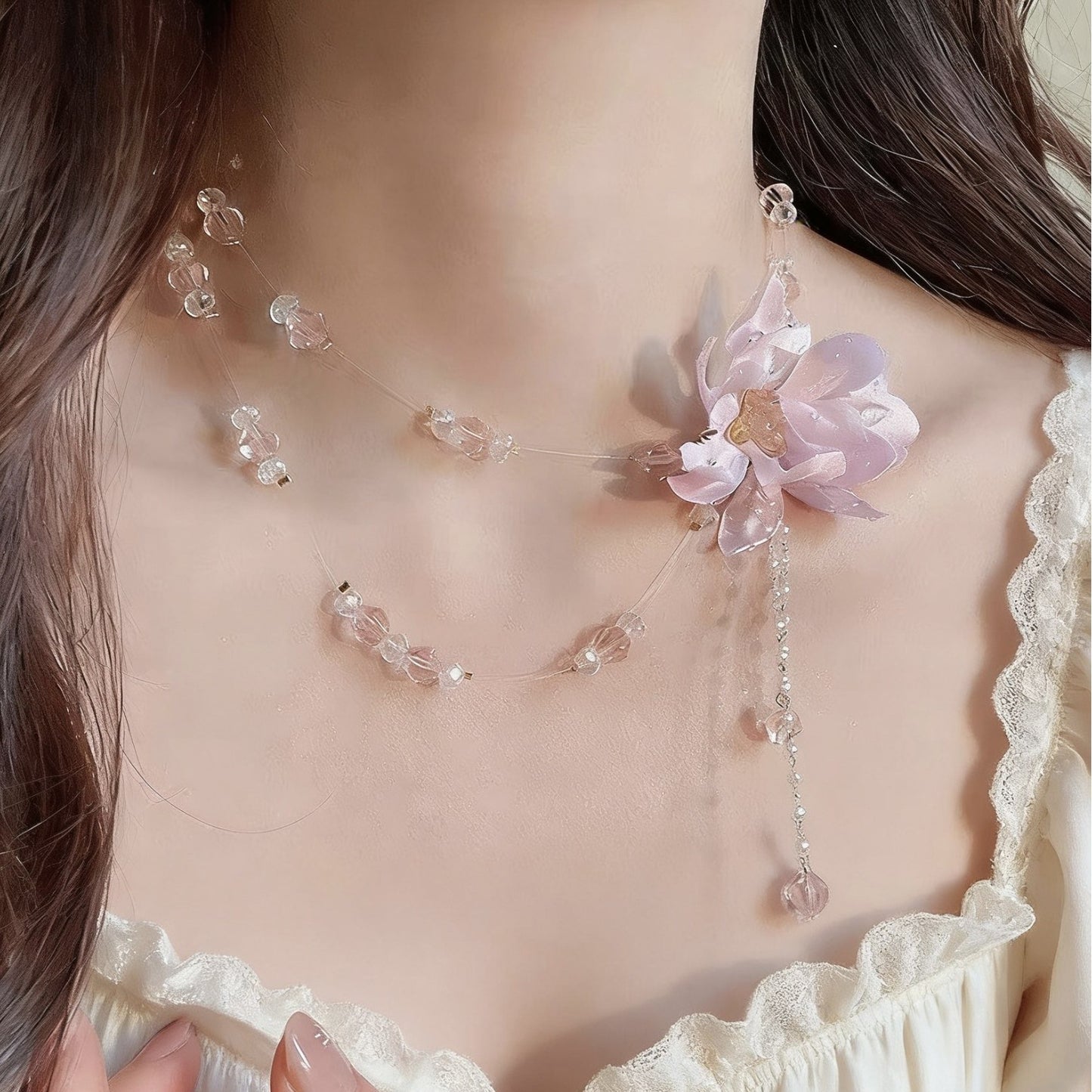 Style Double Layer Transparent Beaded Flower Light Luxury Clavicle Chain Necklaces