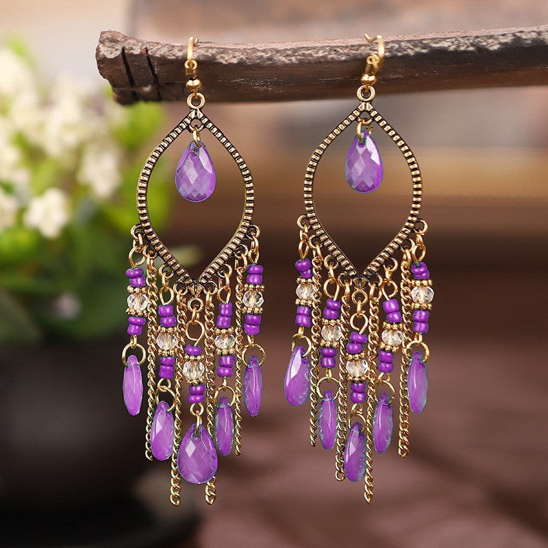 Ethnic Style Tassel Long Bohemian Crystal Yunnan Summer Earrings