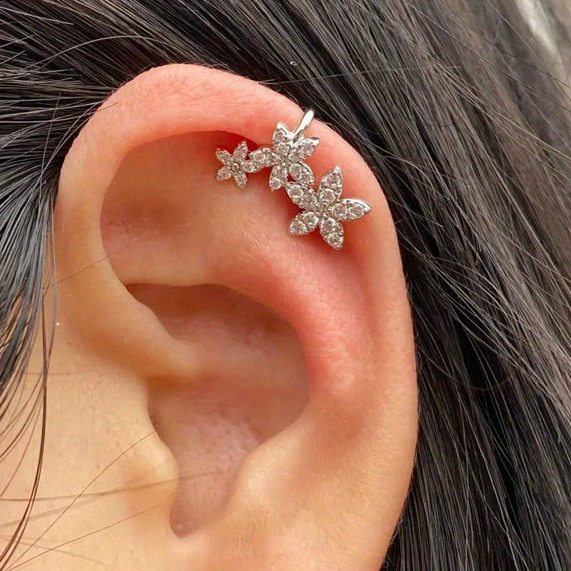 U-shaped Three Small Flowers Copper Micro Inlaid Zircon Female Ear Clip