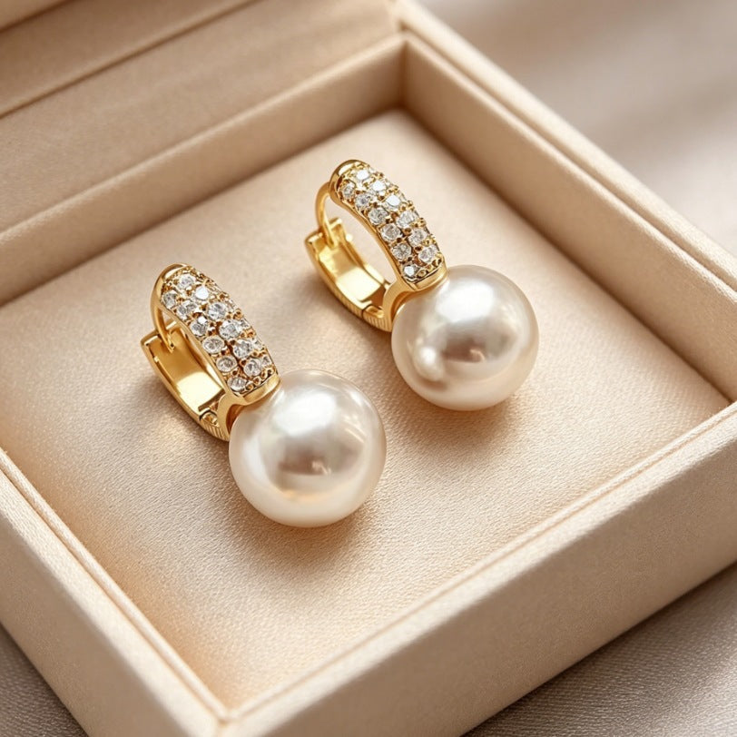 Compact Elegant Pearl Eardrops French Style Design Stud Earrings