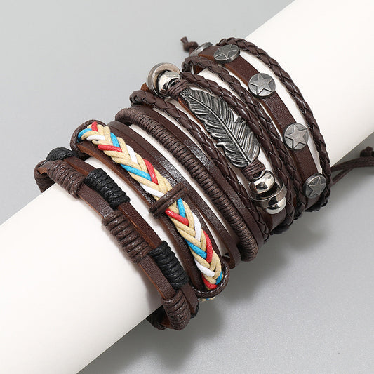 Simple Weave Vintage Leather Accessories Set Combination Bracelets