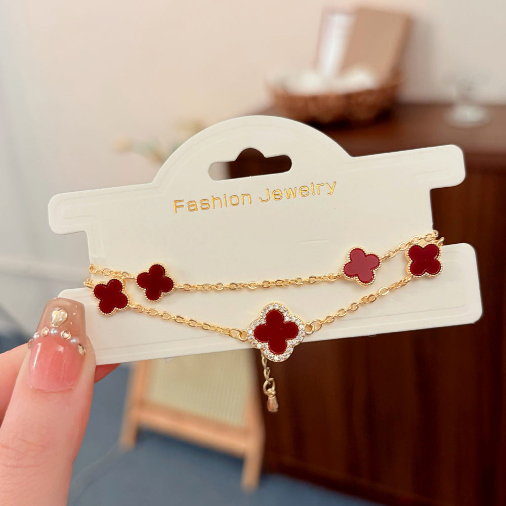 Style Light Luxury High-grade Versatile Micro Inlaid Zircon Four-leaf Flower Bracelets