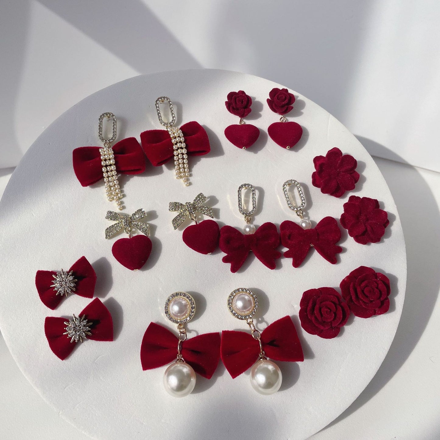 Sier Red Veet Bow Heart Pearl Rings