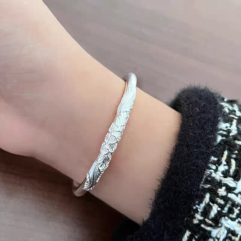 Sier-plated Silk Double Beads Open-ended Drunk Flower Solid Bracelet