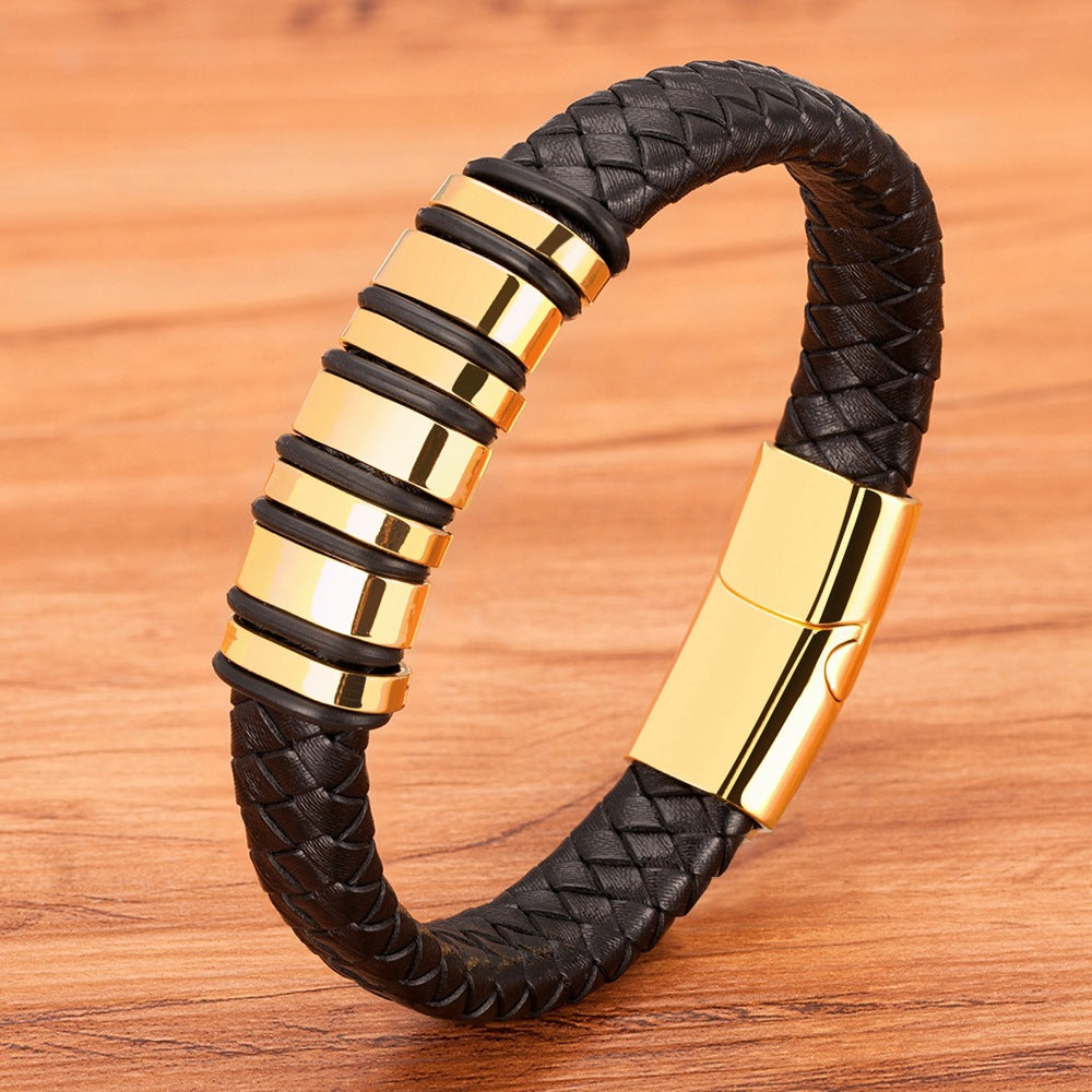 Men's Fashion Woven Rope Black Leather Simple Stainless Steel Bracelets
