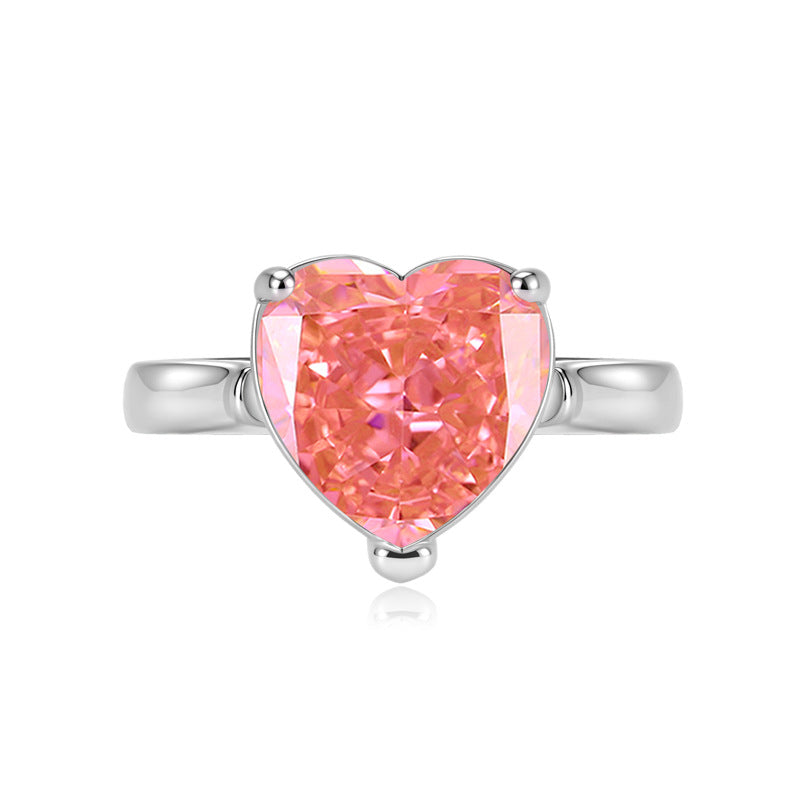 Live Pink Heart-shaped Navy Blue High Carbon Diamond Ice Flower Ring