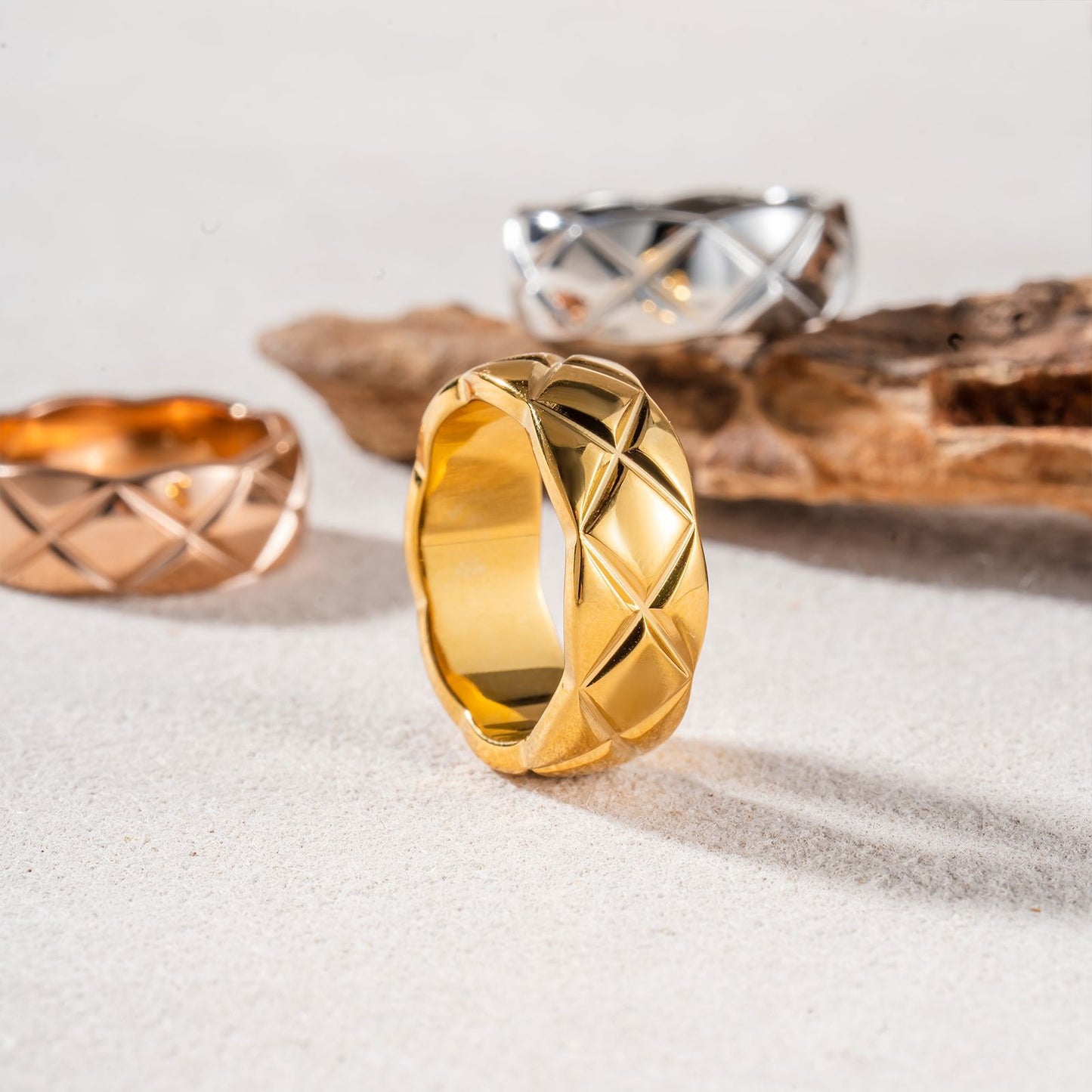 Classic Style Rhombus High Version Narrow Wide Couple Rose Gold Ring