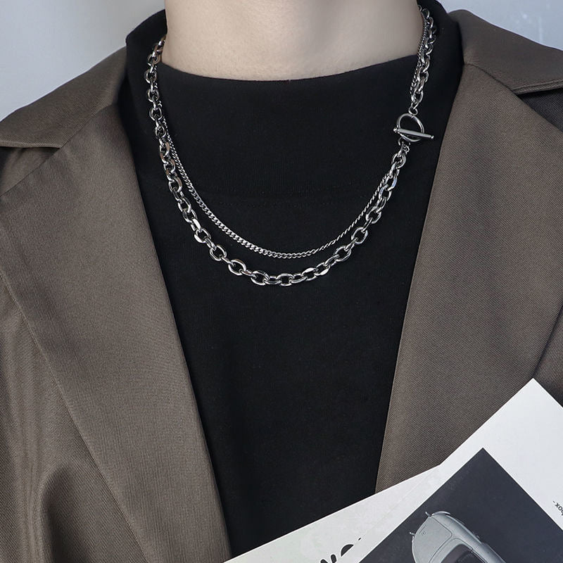 Women's & Men's Titanium Steel No Fading Geometric Personality Double Layer Couple Necklaces