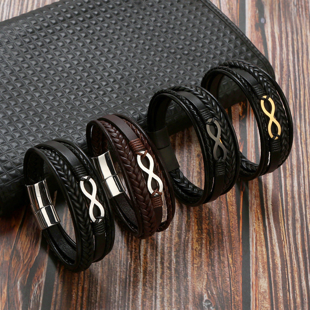 Men's Cowhide Simple Titanium Steel Handmade Leather Bracelets