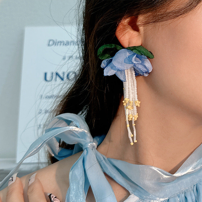 Bohemian Handmade Fabric Flower Long Fringe Earrings