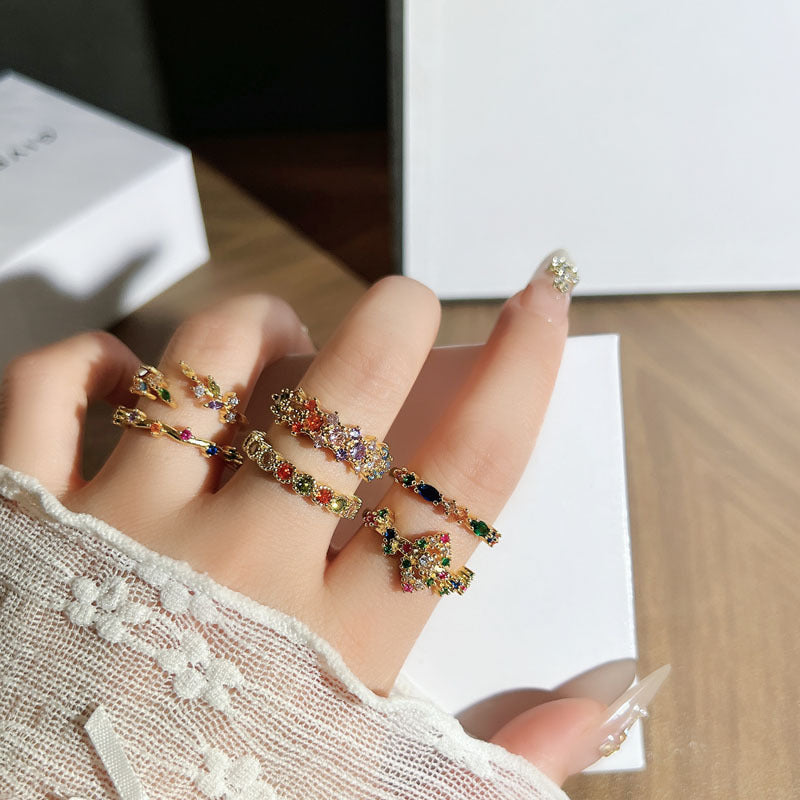 Romantic Gentle Colorful Crystals Twin Open Female Retro Temperamental Minority Ring