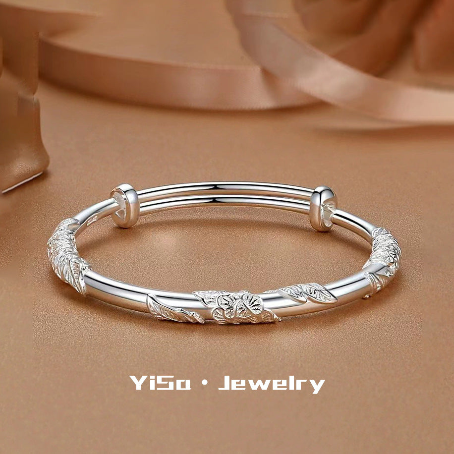 Push-pull Female Chinese Sier Plated Embossed Filigree Leaf Bracelet