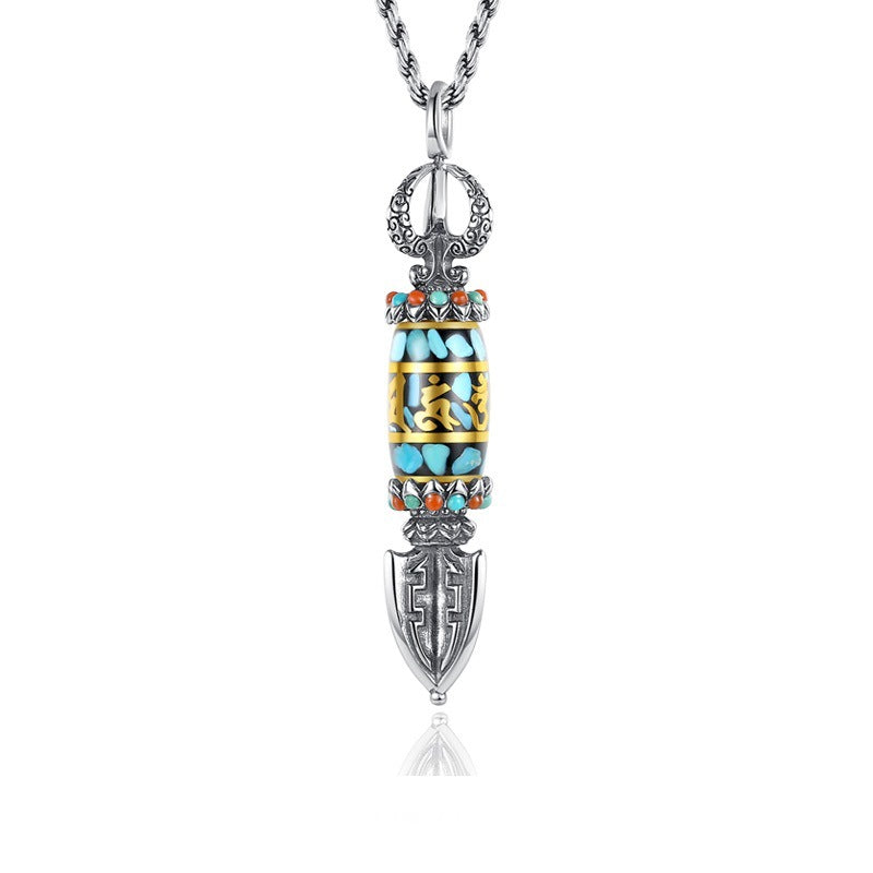 Men's Sier Vajra Pendant Turquoise Six Words Mantra Necklaces