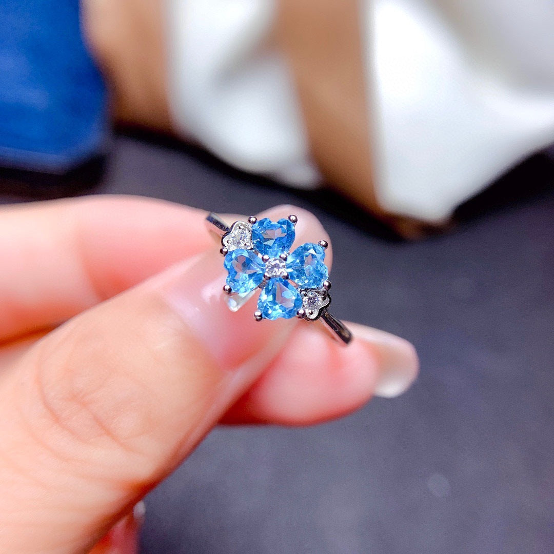 Women's Luxury Clover Swiss Blue Topaz Colored Gems Rings