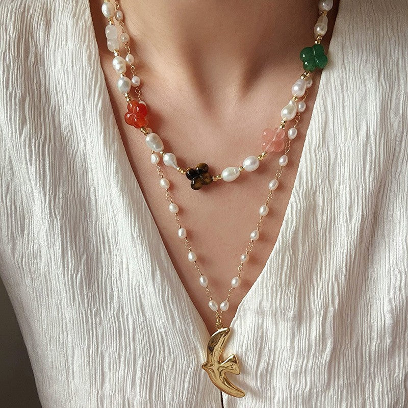 Women's Color Floret Pearl Pull High-grade Natural Stone Jewelry Set