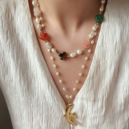Women's Color Floret Pearl Pull High-grade Natural Stone Jewelry Set