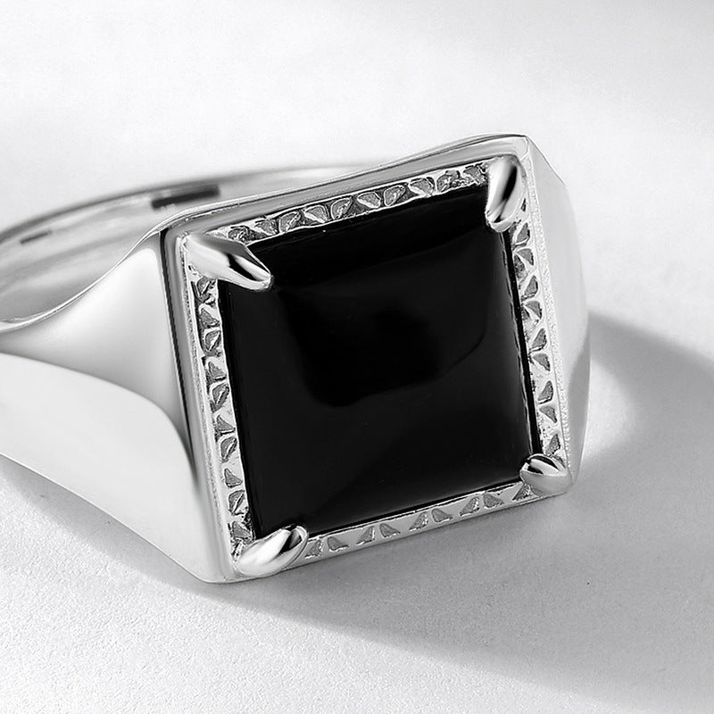 Fashion Simple Square Black Agate Sterling Rings