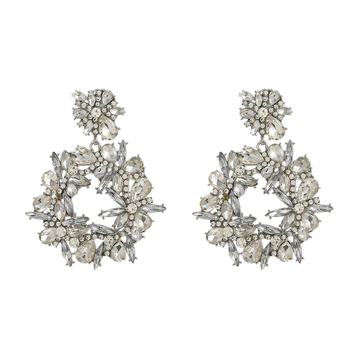 Colored Diamond Exaggerated Alloy Round Flower Earrings