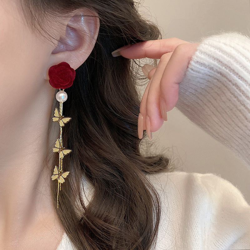 Women's Red Flower Long Butterfly Tassel Light Luxury High Sense Earrings