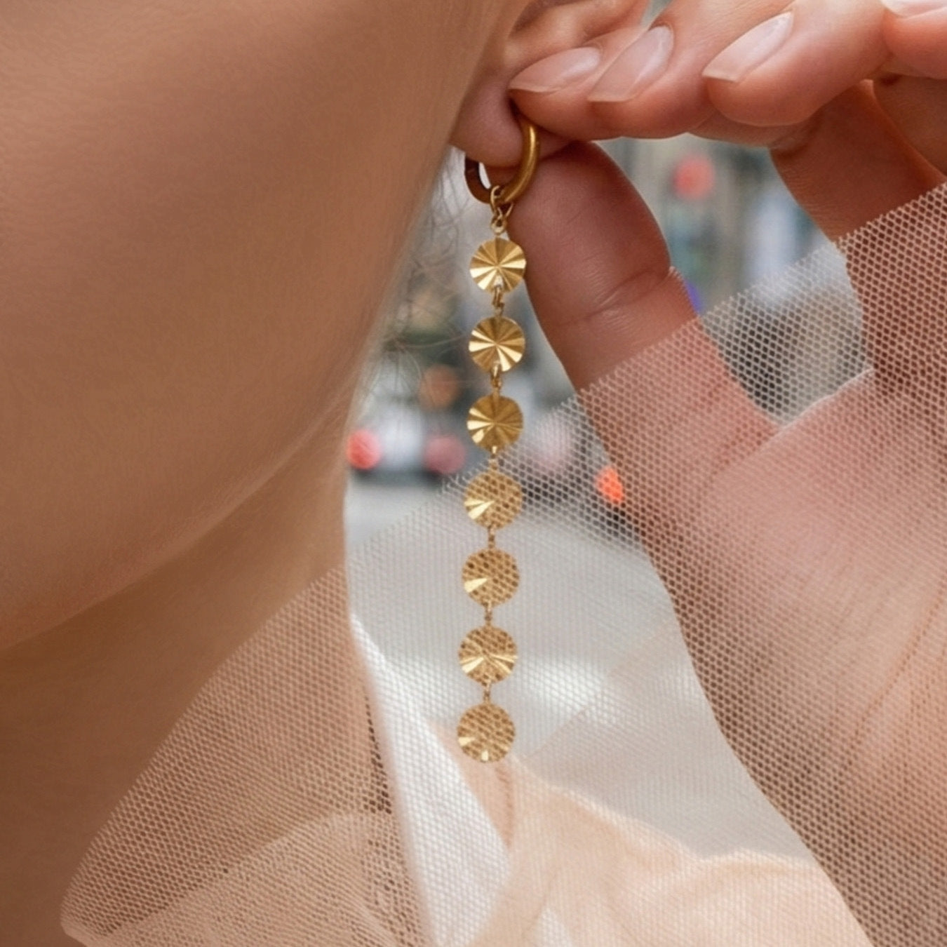 Stainless Steel Gold Wafer Tassel Ear Clip Earrings