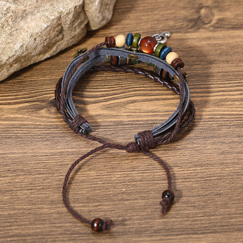 Beaded Leather Weave Vintage Alloy Note Bracelets