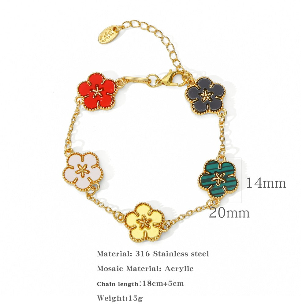 Women's Style Titanium Steel Five Gold Flower Pendant Bracelets