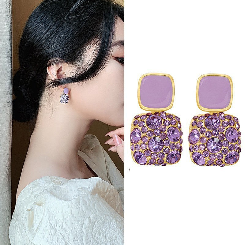 Square Alloy Oil Dripping Purple Full Diamond Elegant Ear Earrings