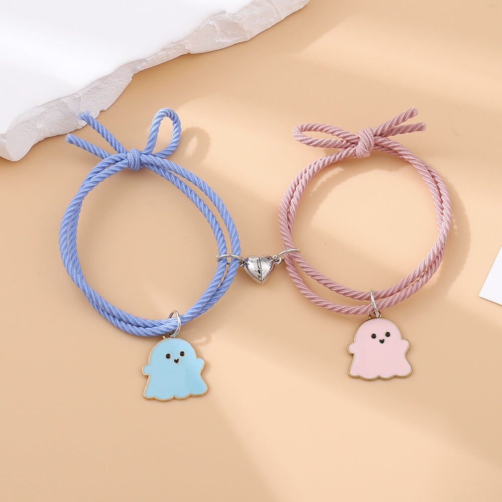 Couple d'aspiration d'aimant d'amour de dessin animé mignon pour femmes et hommes, paire de bracelets noirs