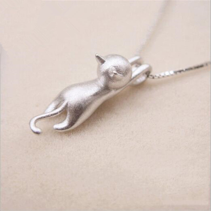Sterling Sier Cute Sandblasted Cat Korean Style Necklaces