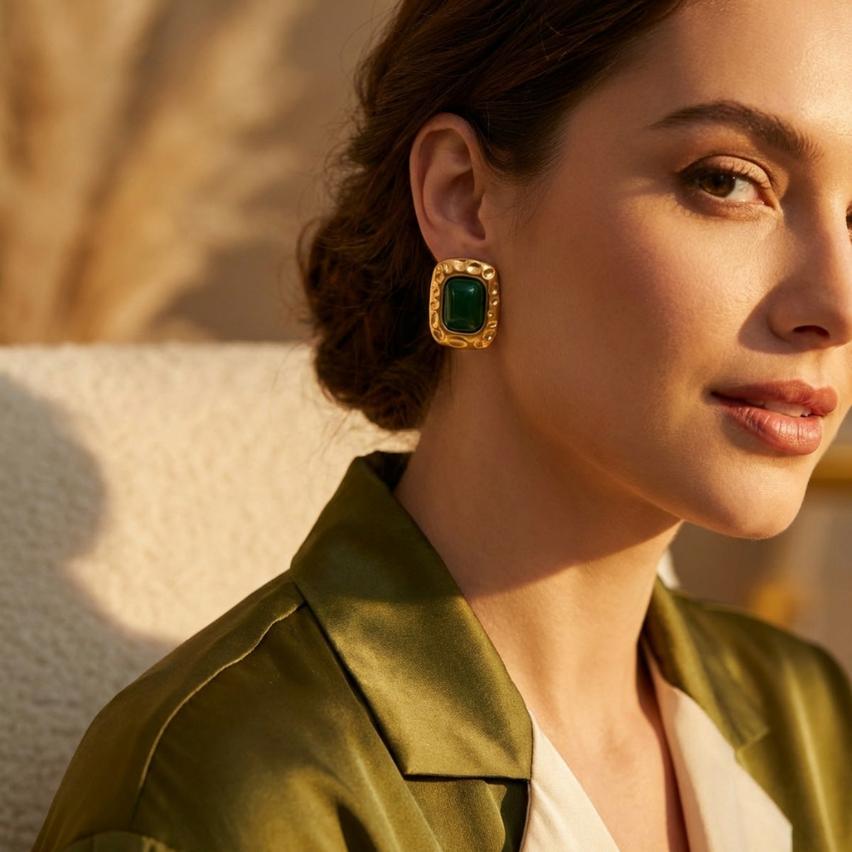 Women's Colored Gems Rectangular Hammered For Niche Earrings