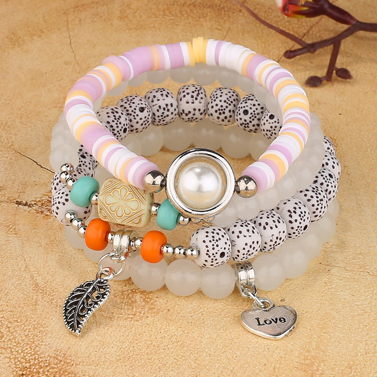 Women's Bohemia Pearl Heart Leaves Crystal Beaded Bracelets