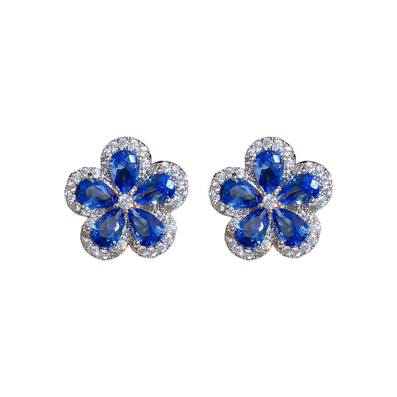 Needle Micro Inlaid Zircon Blue Flower Fresh Personality Earrings