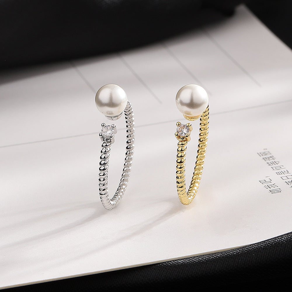 Women's Korean Style Diamond Shell Pearls Twisted Open Joint French Rings