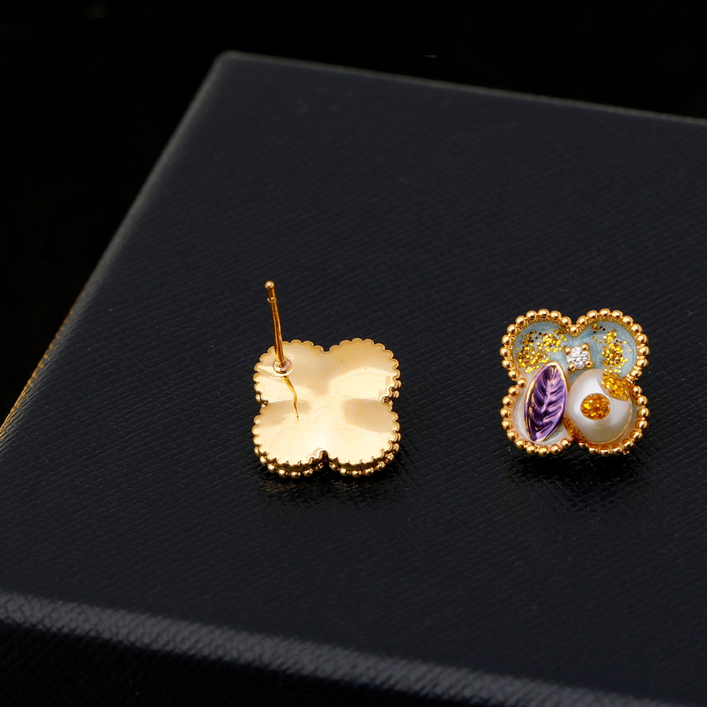 Women's Trendy Style Enamel Four Leaf Clover Ear Freshwater Rings