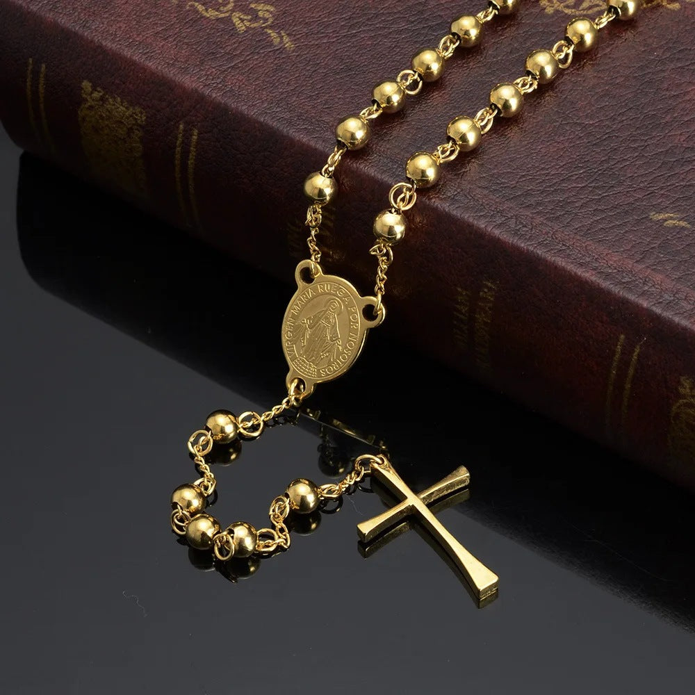 Women's & Men's Gold-plated Round Cross Portrait Stainless Steel Trendy Rosary Necklaces