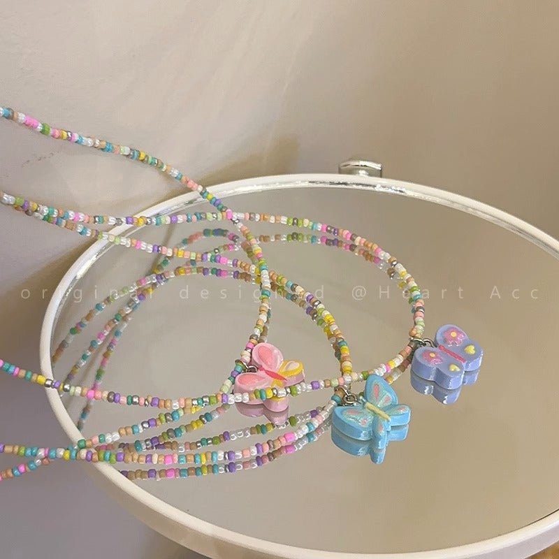 Color Beaded Butterfly Female Sweet Cute Necklaces